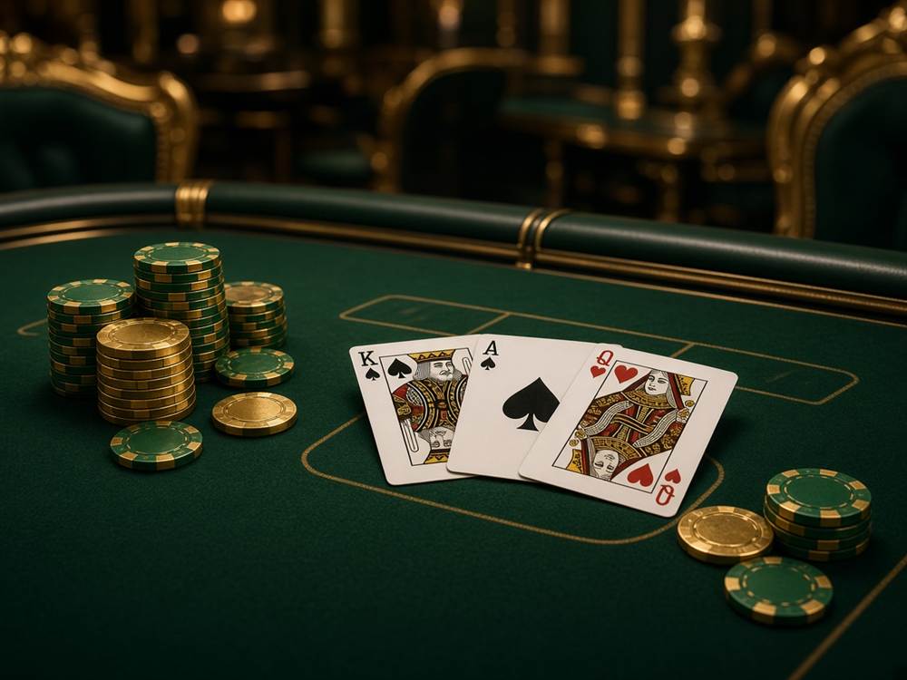 Table de jeux de casino avec feutrine verte et jetons élégants