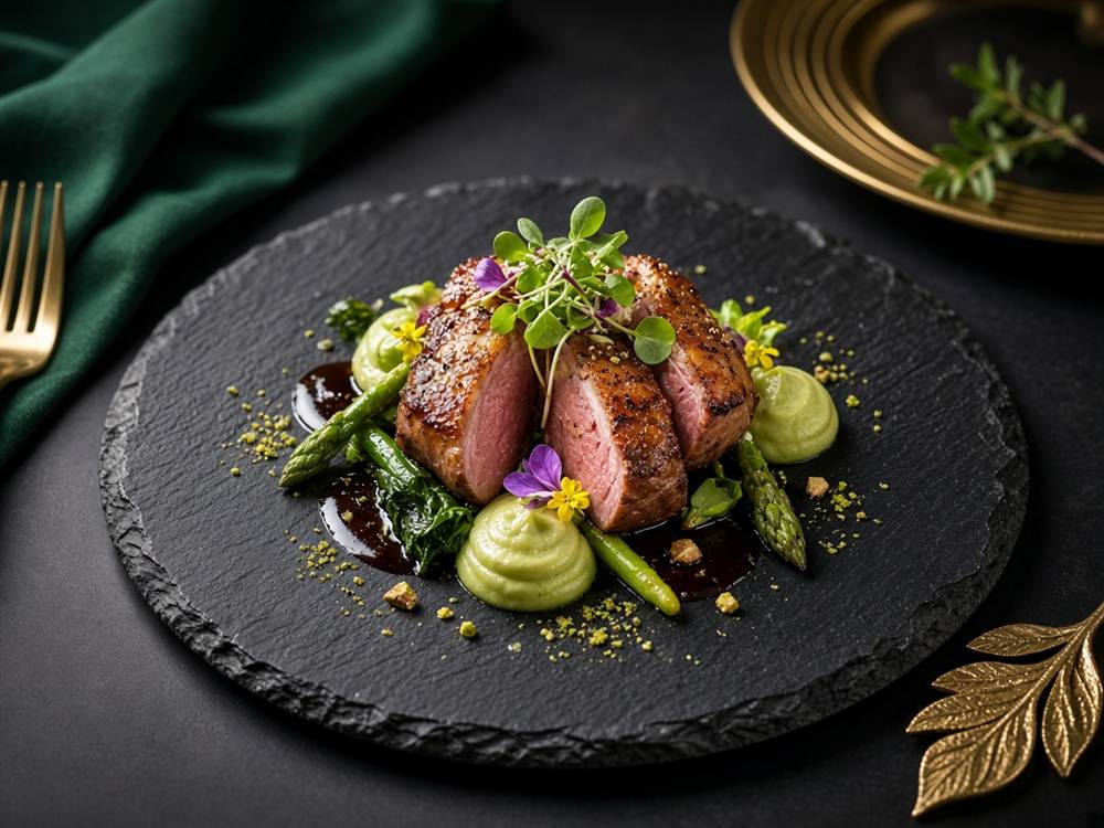 Assiette gastronomique présentée sur ardoise sombre